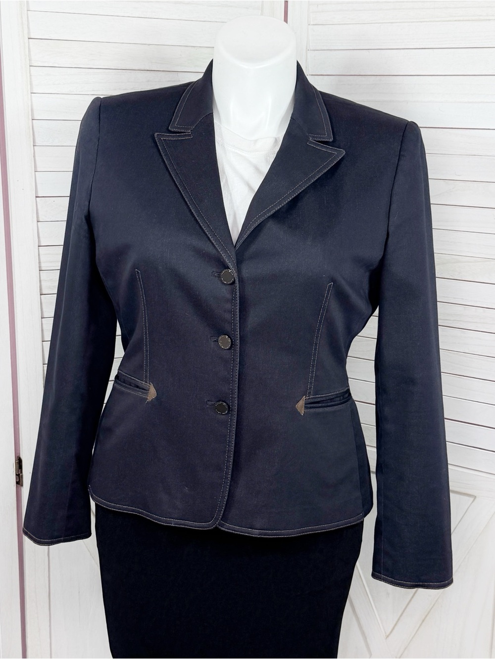 Tahari Arthur S Levine Western Stitch Blazer Jacket Denim Blue Brown Size 14